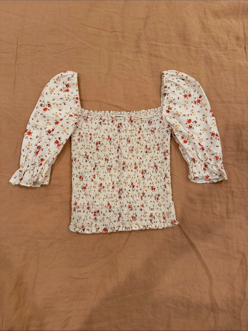 Reformation White Smocked Puff-Sleeve Top with Red Floral